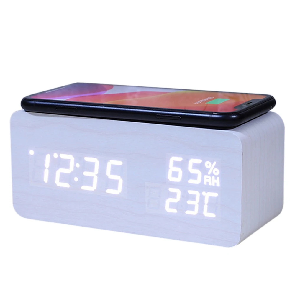 Digital Alarm Clock, Temperature and Humidity Alarm Clock LED Electronic Clock Smartphone Wireless Charger (White)