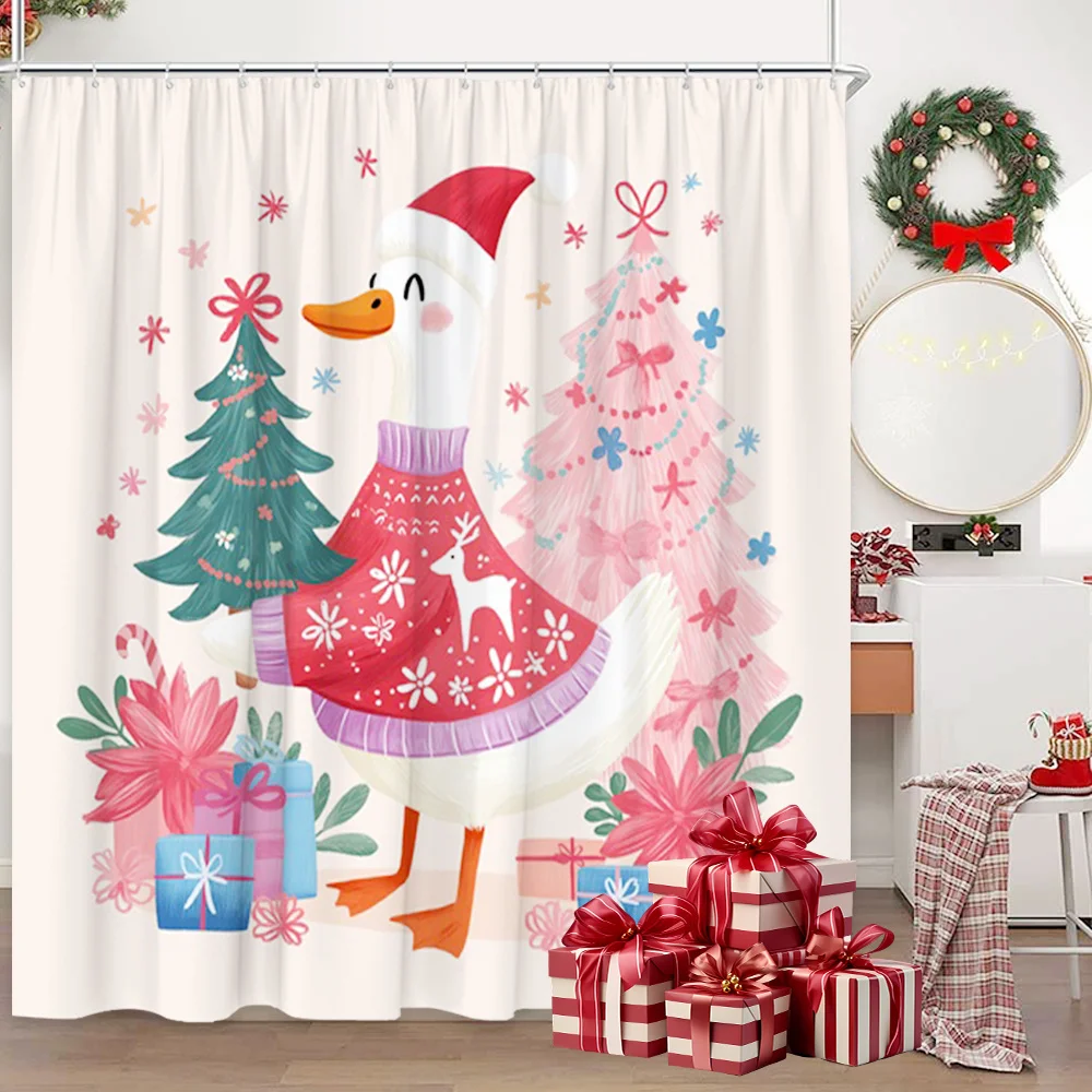 Shower Curtain Cartoon Goose Christmas Sweater Trees Presents Holiday Print Polyester 70.8x70.8 Inch Machine Washable