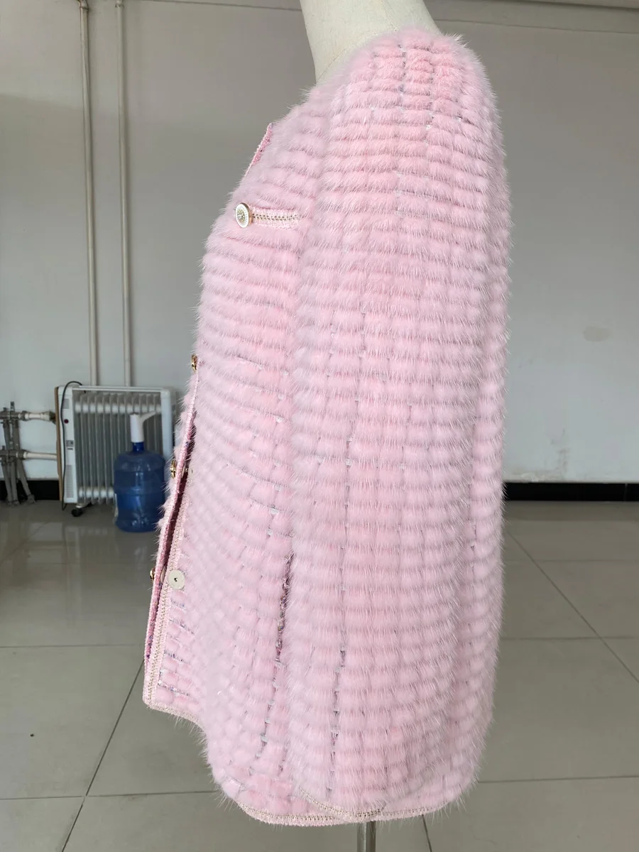 HDHOHR 2025 New Real Mink Fur Coats Women Natural Kintted Mink Coats Leather Collar Fur Jackets Winter Warm Fur Coats For Female