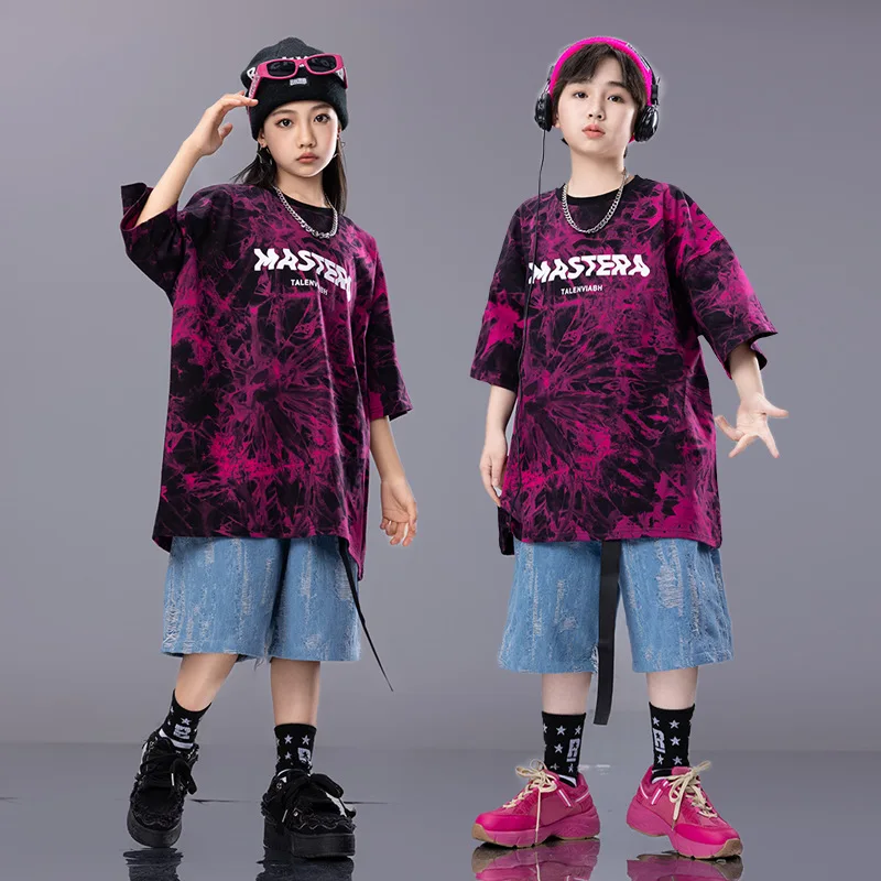 Girls Hip Hop Clothing Tie-dyed Purple T-shirt Ripped Denim Shorts for Kids Boys Jazz Dance Costume Clothes