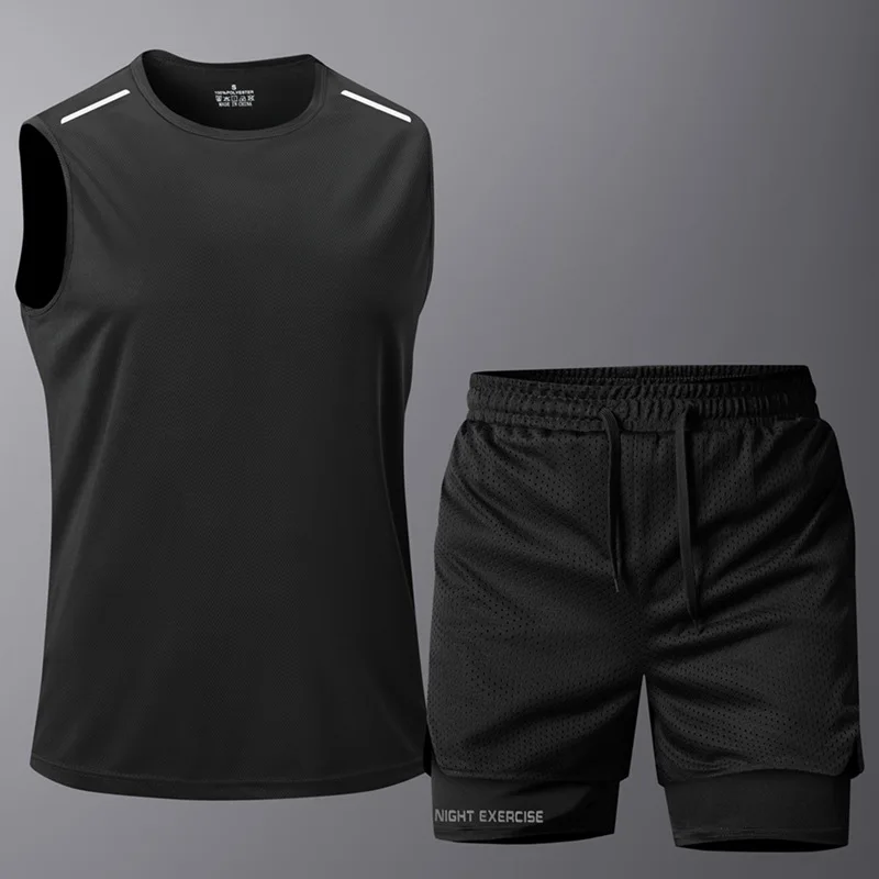 Summer Training Sleeveless shirt+Shorts 2 piece sets Boxing Sports Sets Gym Workout Stretch Quick Drying Tops Running Sets