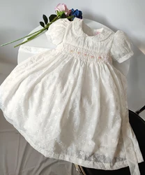 Baby little girls White Smocked Dresses Summer 2024 Girls Princess Elegant Embroidery Dresses  3 4 5 6 7 Years Kids Clothes