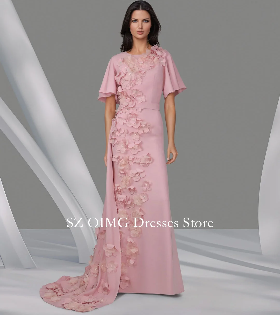 OIMG New Design O-Neck Pink Prom Dresses 3D Flowered Dress with Detachable Train Women Evening Gowns Formal Party Dress