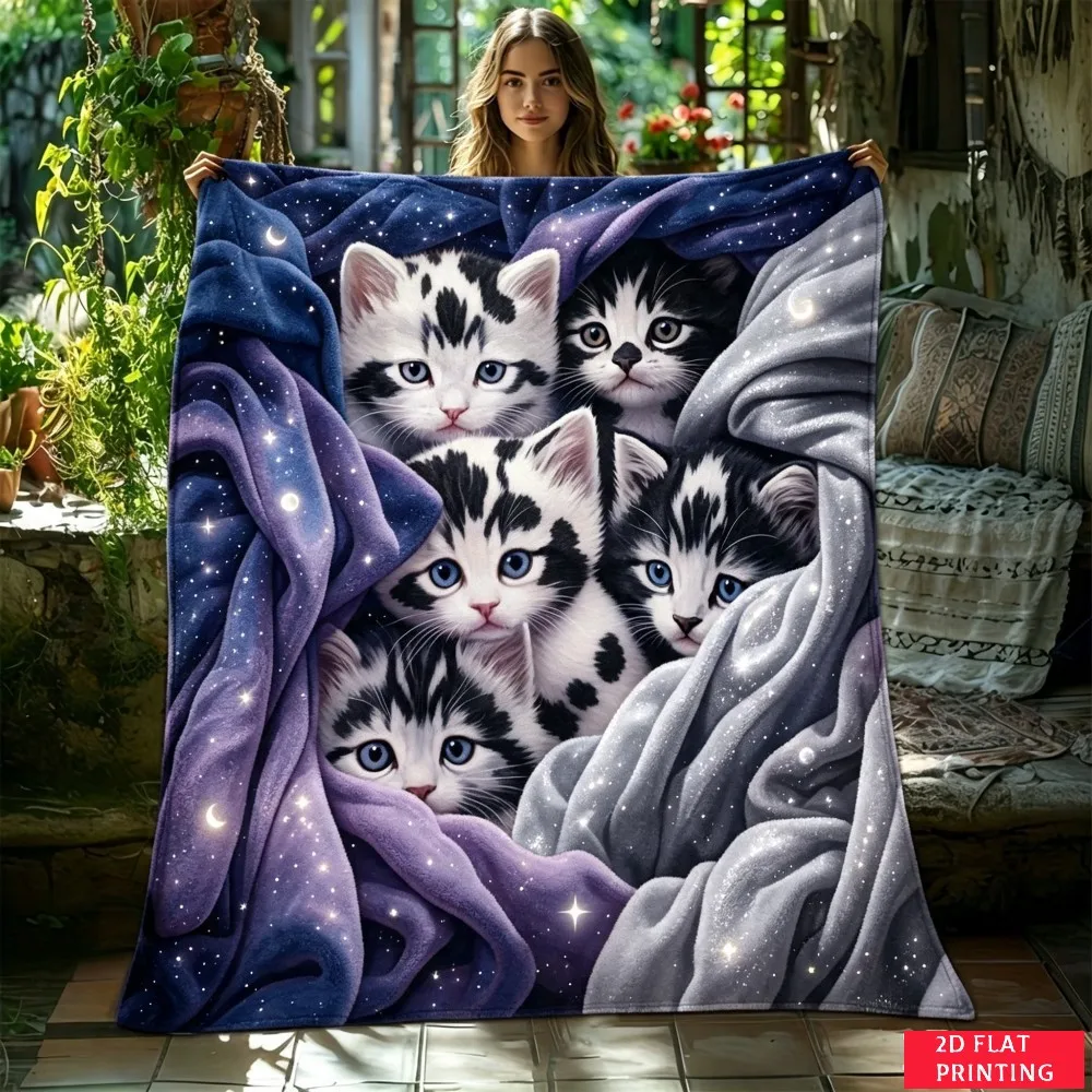 Starry Sky Kitten Cluster Dreamy Flannel Blanket For Whimsical Bedroom Decor Soft Warm Throw Blanket Wrap