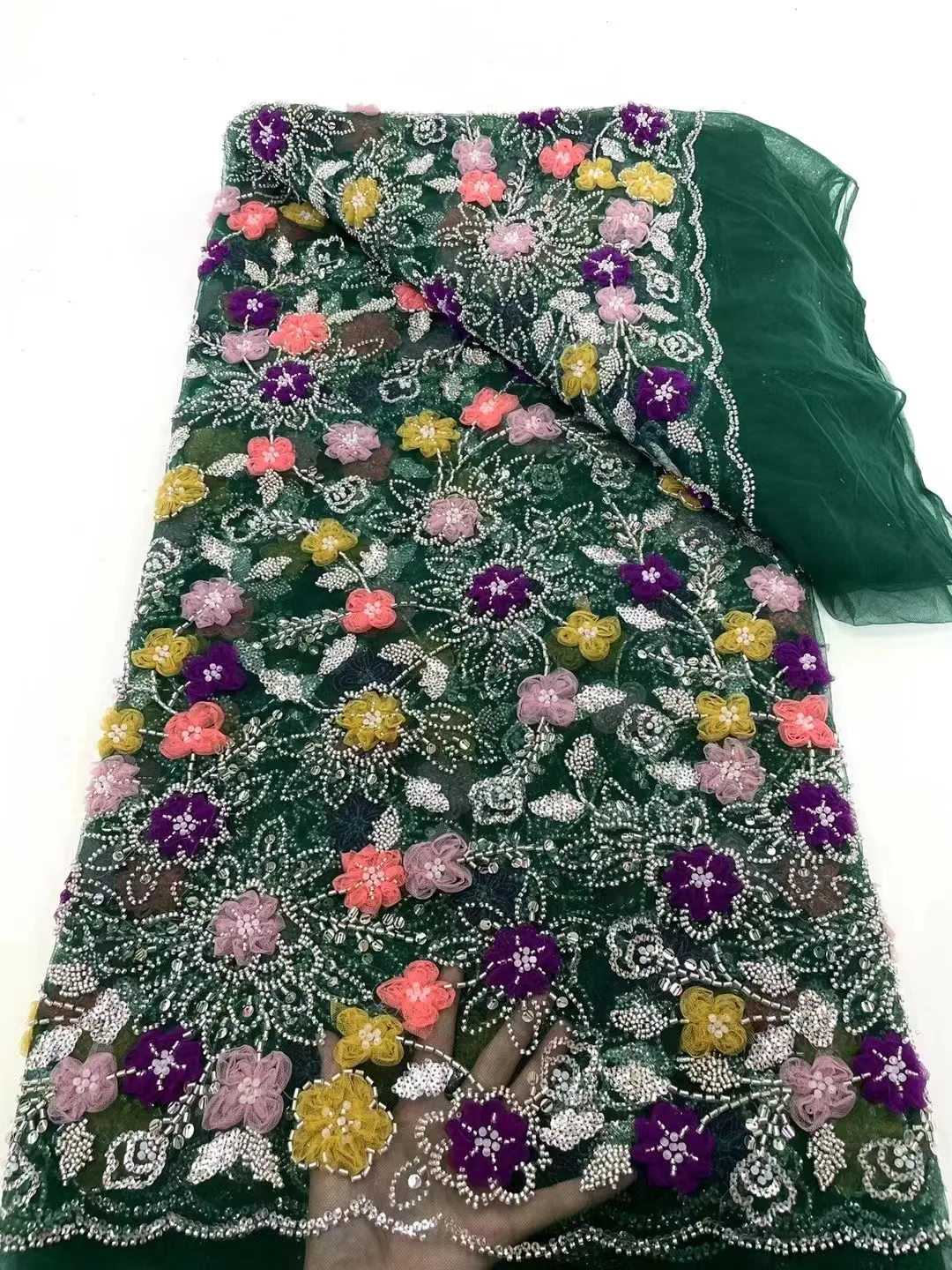 

Green 3D Beads Lace Fabric High Quality Mesh Embroidery Applique 3D Flower Tulle Nigerian Lace Fabric For Luxury Party Dress