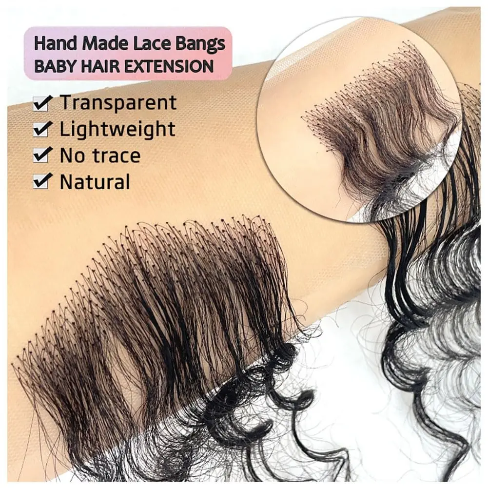 10 بوصة أسود مجعد يدوية الدانتيل الانفجارات الجبين الطفل الشعر حواف وصلة إطالة شعر طبيعي 2 قطعة معبد هيربيسي شعري استبدال