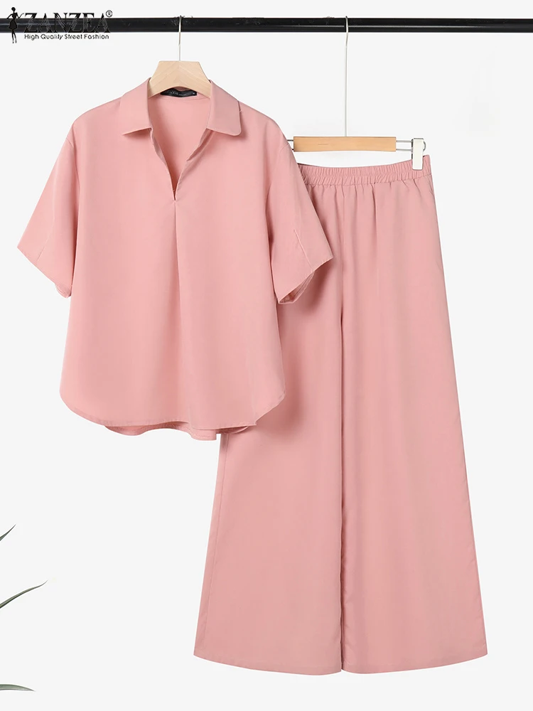 

ZANZEA Summer Pant Sets Women Solid Matching Sets 2PCS Short Sleeve Blouse Fashion OL Work Tracksuits Casual Loose Outfits 2025