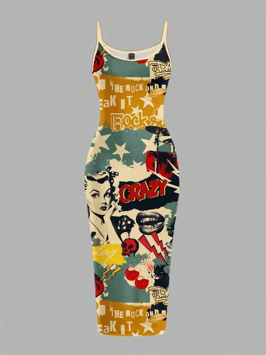 

Vintage Poster Print Casual Plus Size Dress For Music Festivals