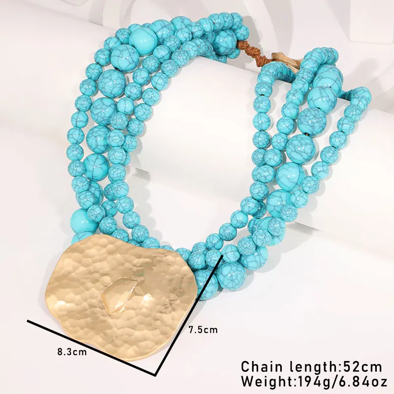 Statement Vintage Beads Necklace with Geometry Pendant Women Girl Trendy Vintage Wedding Party Jewelry