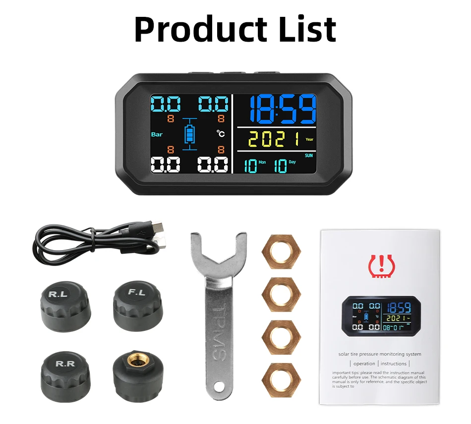 

Система контроля давления в шинах (TPMS) 433,92 МГц для универсальных автомобилей, с двойной зарядкой через USB/солнечную панель, цифровым дисплеем и предупреждением о температуре