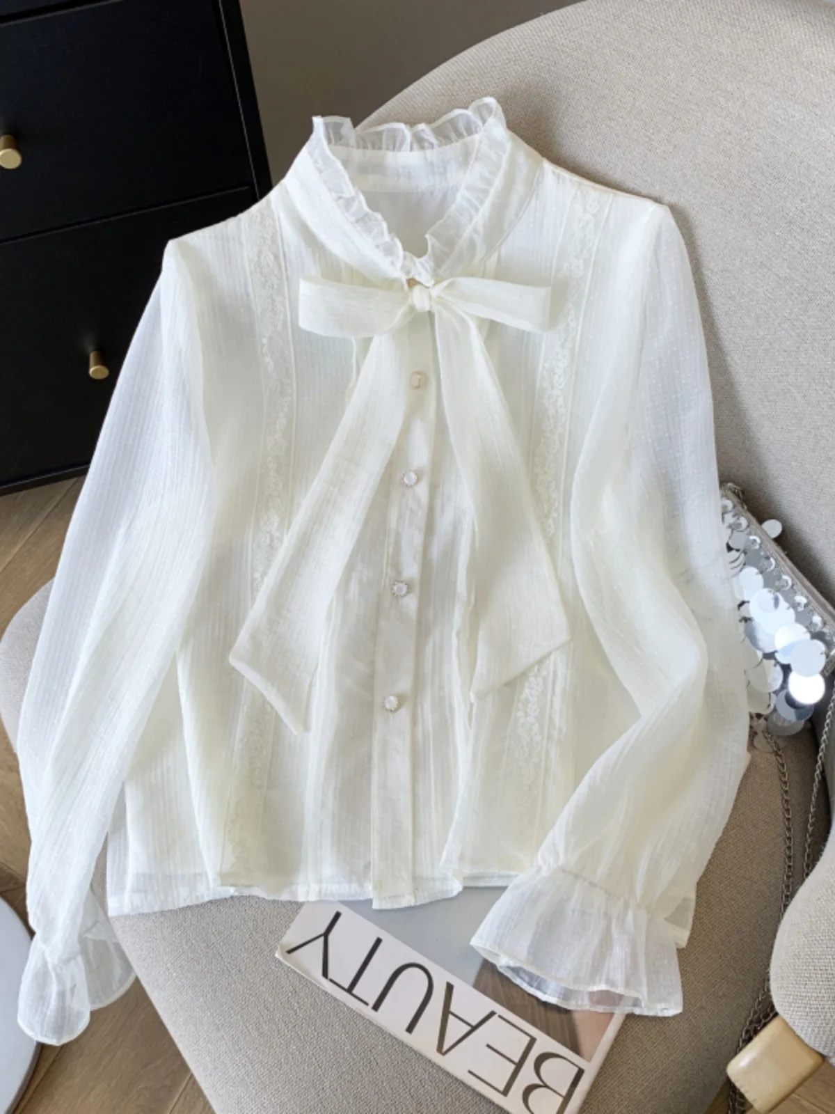 

Модная шифоновая блузка с длинным рукавом и узлом, весна-осень, новинка 2026, приталенный крой, для офиса, полиэстер