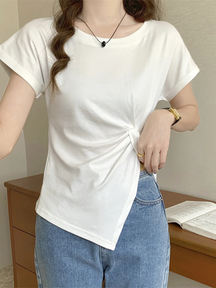 2023 Summer Irregular Pleated Split Round Neck Solid Short Sleeve Top Versatile Covering Meat and Slimming T-shirt for Women