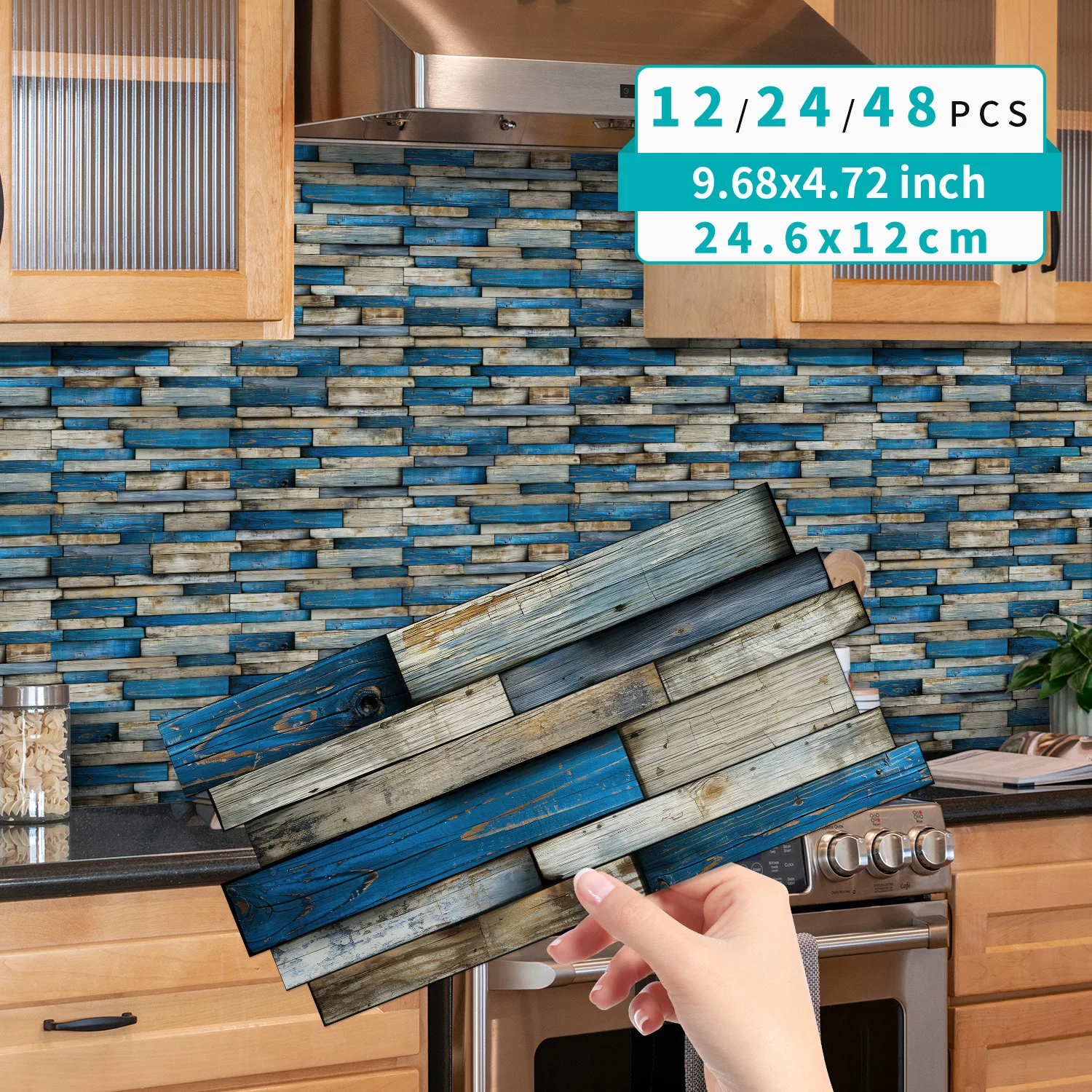 24.6x12cm 12 Pcs Velvet Texture PVC Wood Tile Sticker - Self-Adhesive Waterproof Oil-Proof for Kitchen Backsplash Accent Wall