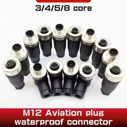 Conector de sensor M12 impermeable, macho y hembra, tornillo de enchufe, acoplamiento roscado, 3, 4, 5, 8 pines, tipo A