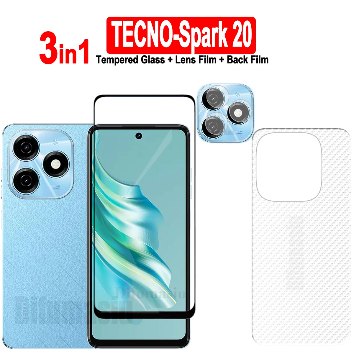 Закаленное стекло для Tecno Spark 20, защита для экрана, мягкая защита для объектива камеры, полное покрытие, стекло для экрана 3 в 1, задняя пленка