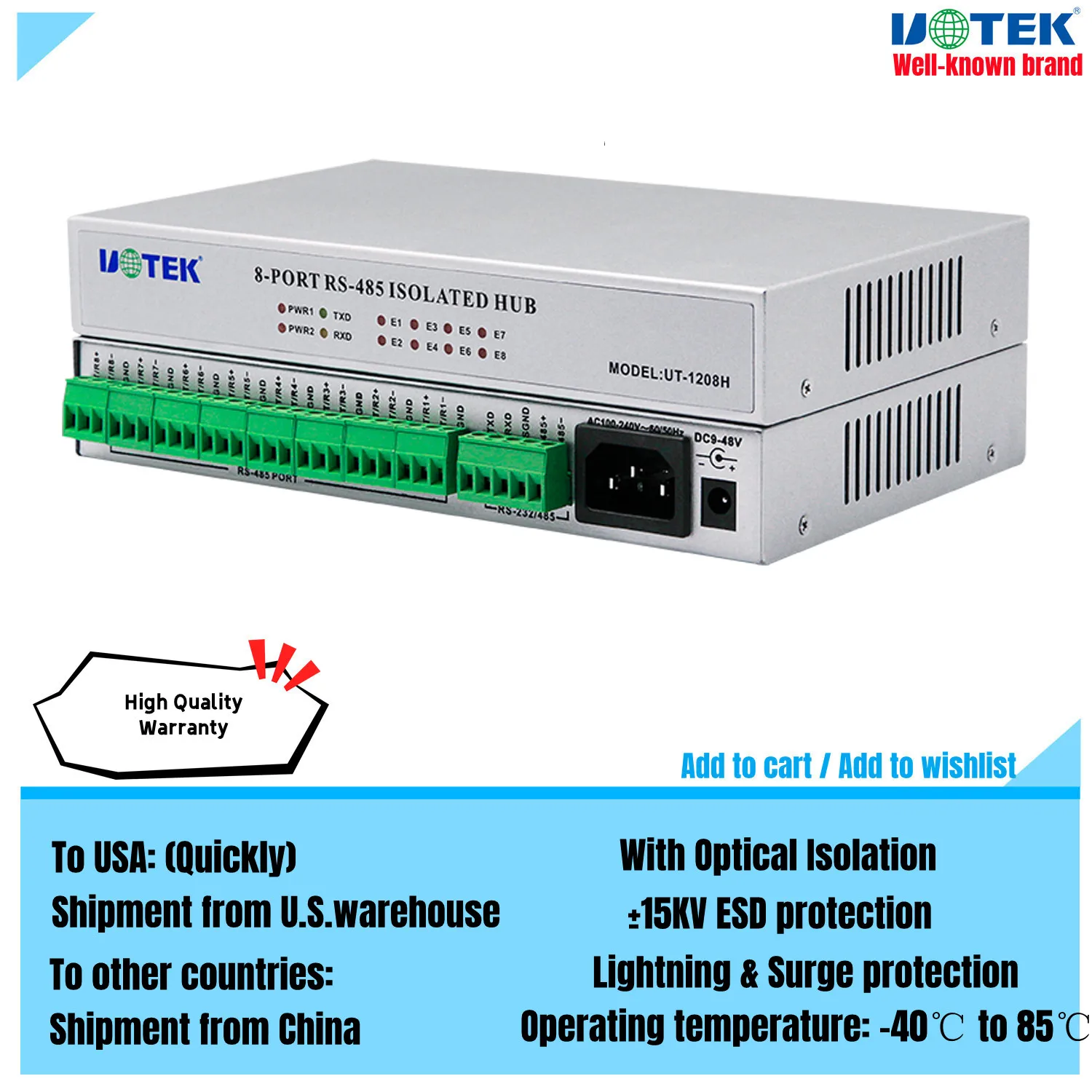 

UOTEK Industrial RS-232 RS-485 to 8 Ports RS485 Hub with Optoelectronic Isolation UT-1208H