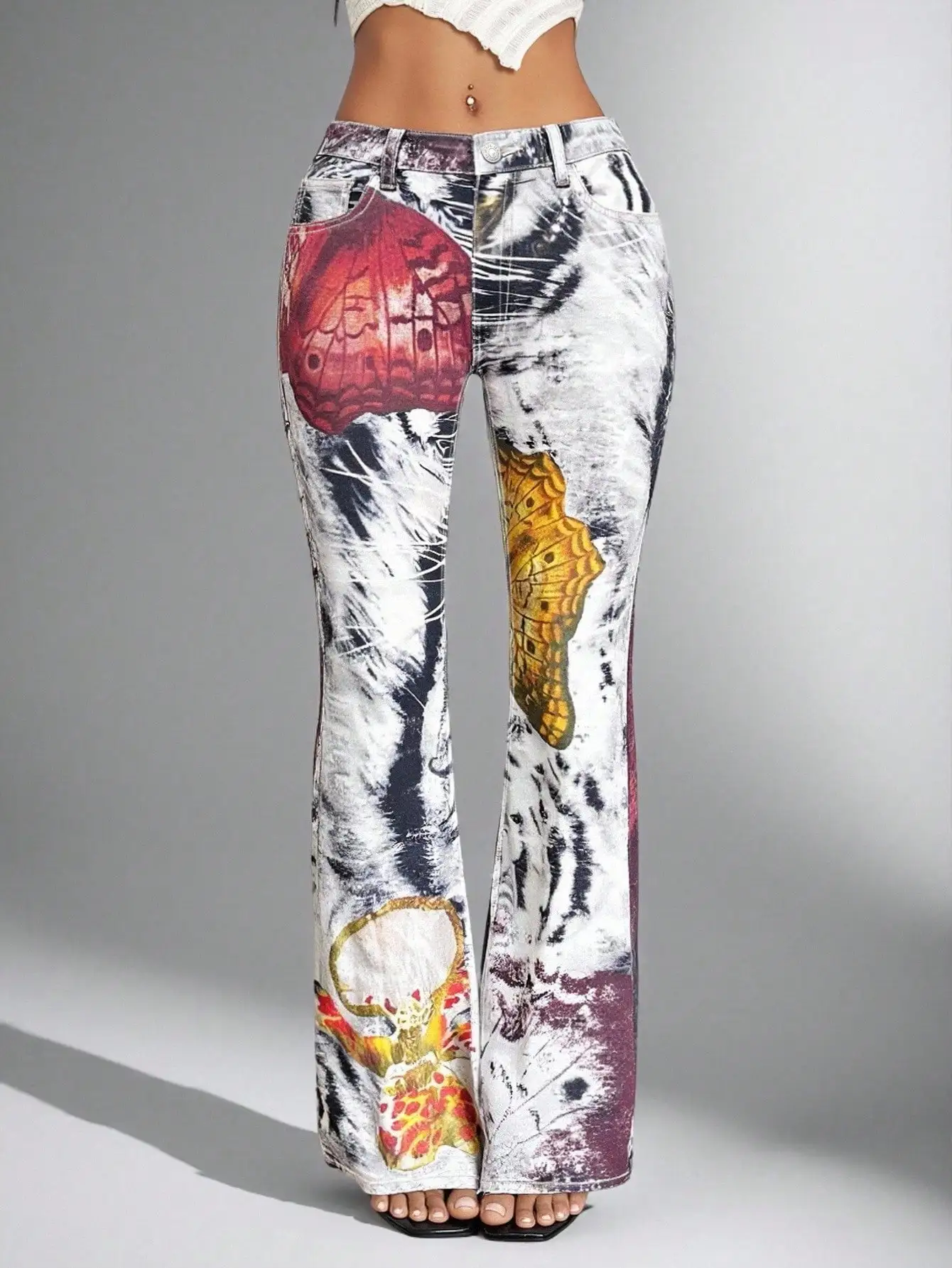 

Джинсы-клеш с цифровым принтом бабочек для женщин больших размеров, повседневные джинсовые брюки с высокой талией