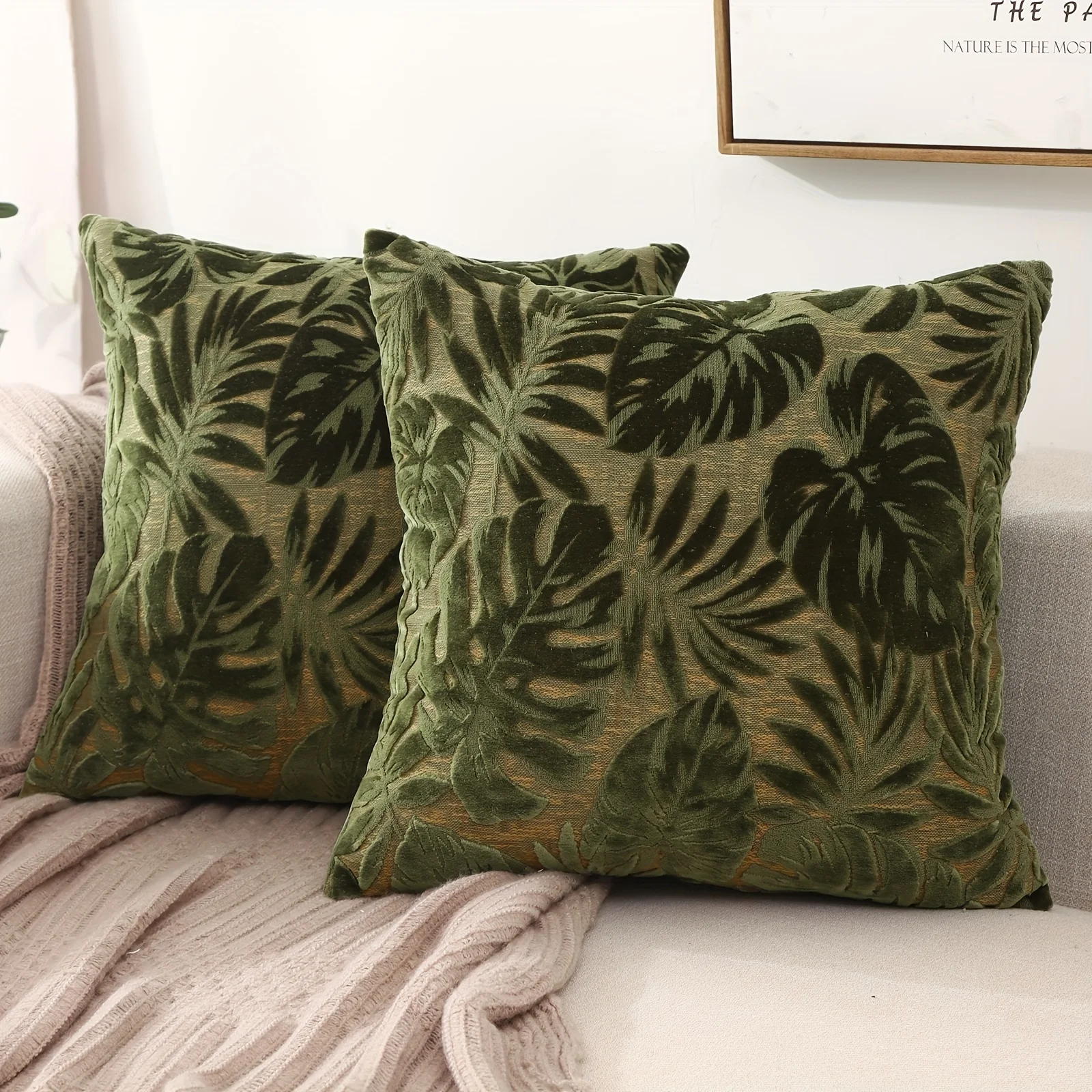 1pcs Chenille Green Leaf Jacaquard Tropical Plants Cushion Cover Throw Pillow Covers for Home Decoration (No Insert)