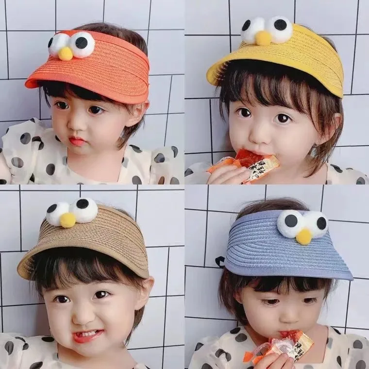 Children's Hats Summer Sunscreen Men And Women Baby Empty Top Straw Hat Cartoon Big Eyes Sun Hat Thin Section Fisherman Hat