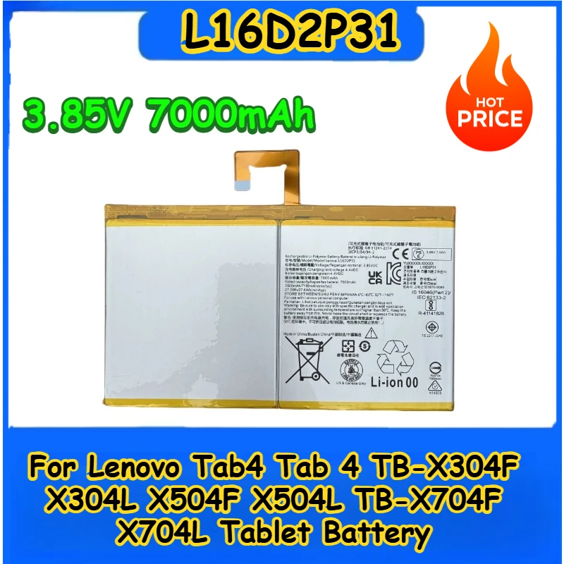 

Brand New Replacement Tablet Battery 3.85V 7000mAh L16D2P31 For Lenovo Tab4 Tab 4 TB-X304F X304L X504F X504L TB-X704F X704L