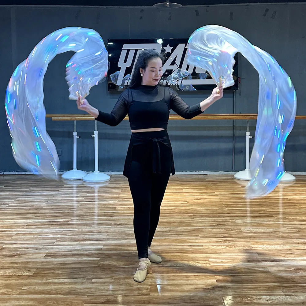Ruoru 100% Zijde Buikdansen Led Fan Sluiers 180cm Lange Zijden Fan Sluiers met Verlichting Automatische Glitter Club Carnaval Hollween