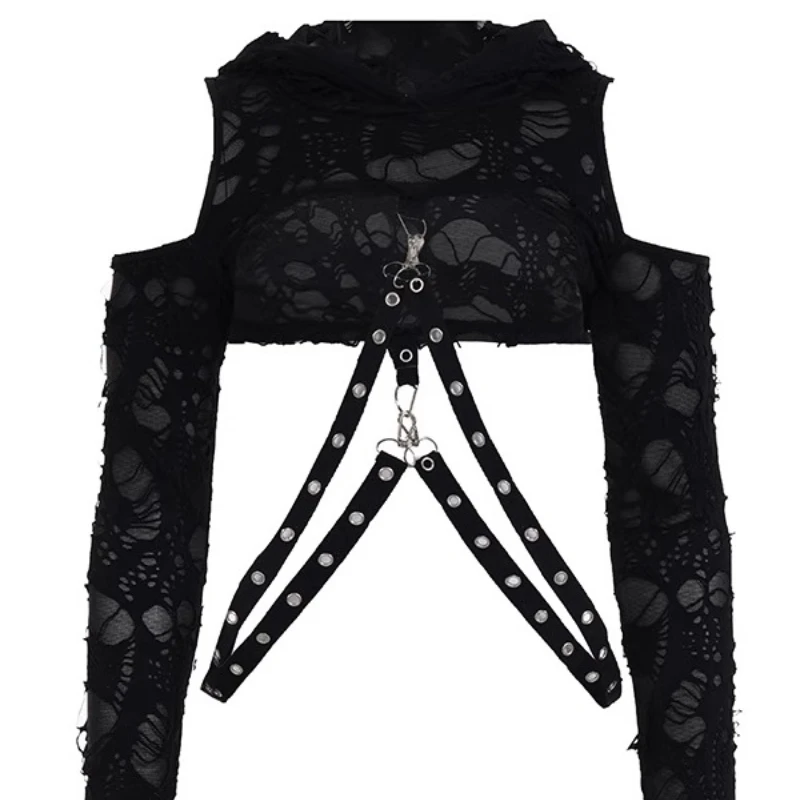 2025年新作 ユニーク ダメージ加工 ゴシック サブカルチャー レディース トップス パーカー 長袖 オフショルダー セクシー 多機能 ショート丈 Tシャツ