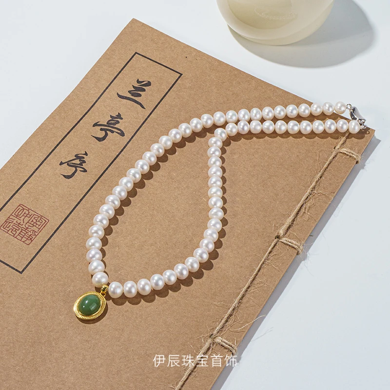 

-8mm freshwater pearl necklace women, mother's , Hetian and green jade pendant, new style