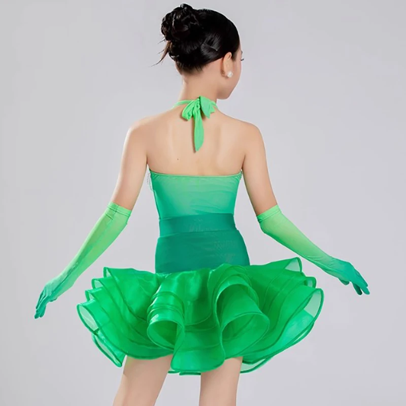 Vêtements de danse latine pour filles, vert, dégradé de perles, col licou, dos nu, body et jupes trapèze en maille, Costume de spectacle uniforme