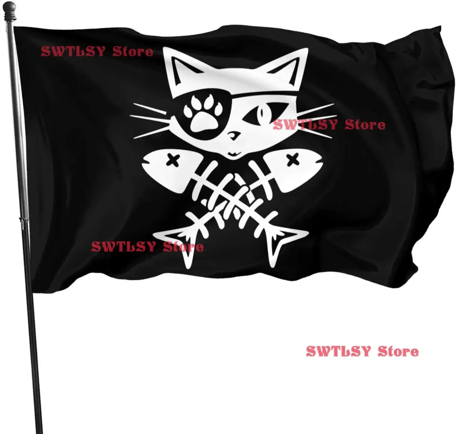 Pirate Cat Skull and Crossbone Flag 35 Feet Single Traveling Vivid and Fade Funny Polyester Banner