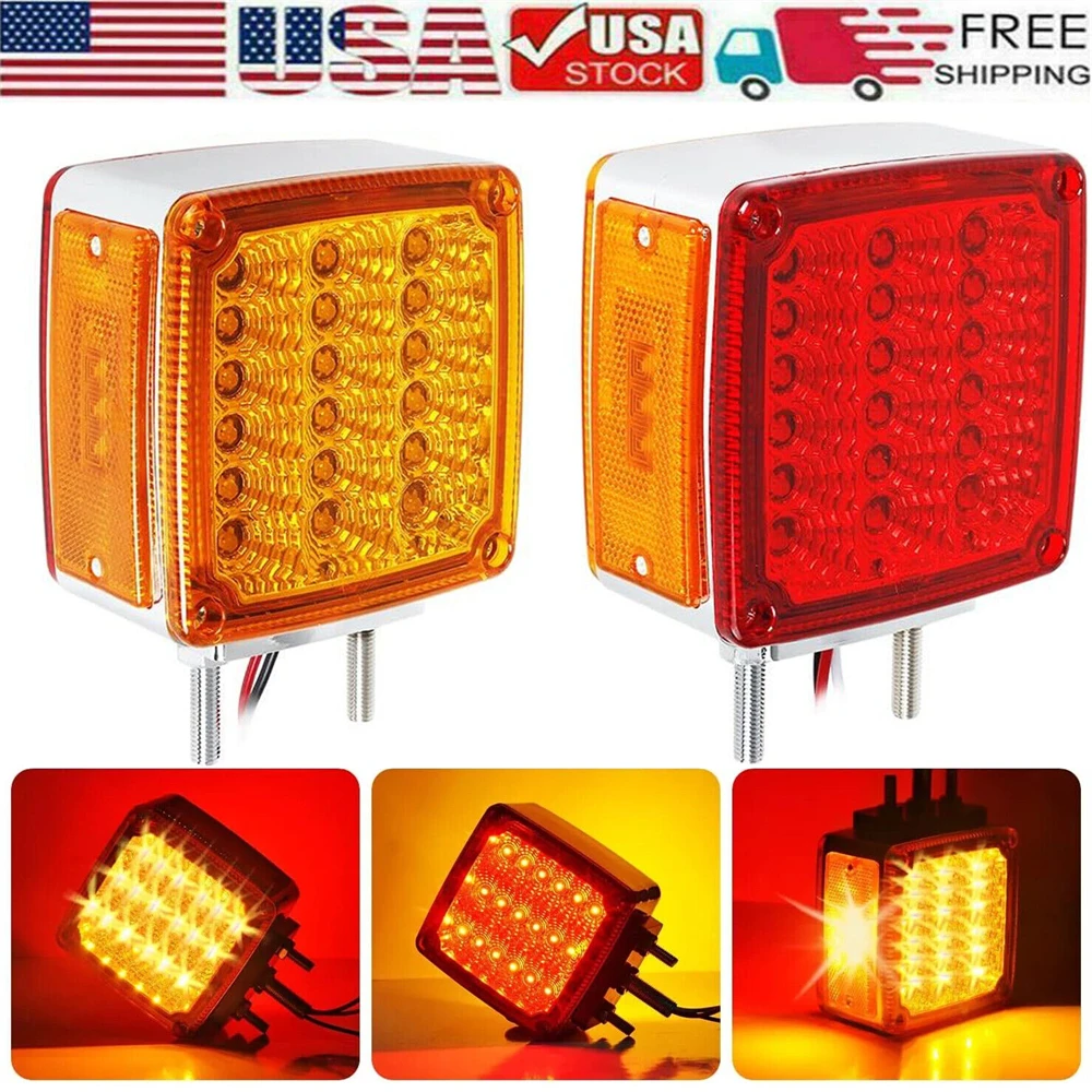 2PCS Turn Signal Light 39LED Red Amber Square Dual Face Stud Mount Pedestal Fender Truck Trailer Side Marker Rear Tail Lights