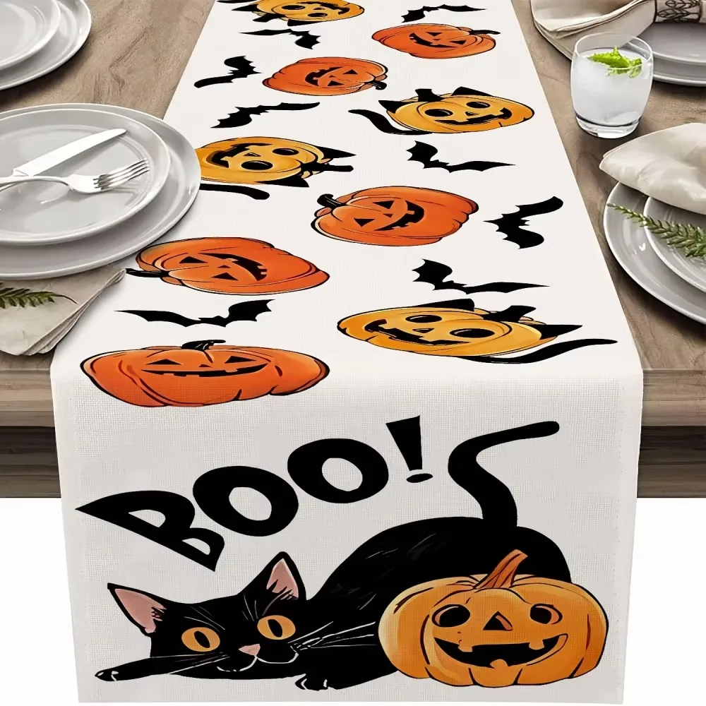 Black Cat Pumpkin Table Runner Halloween, Jack O Lantern Funny Decor for Indoor Outdoor Party Celebration