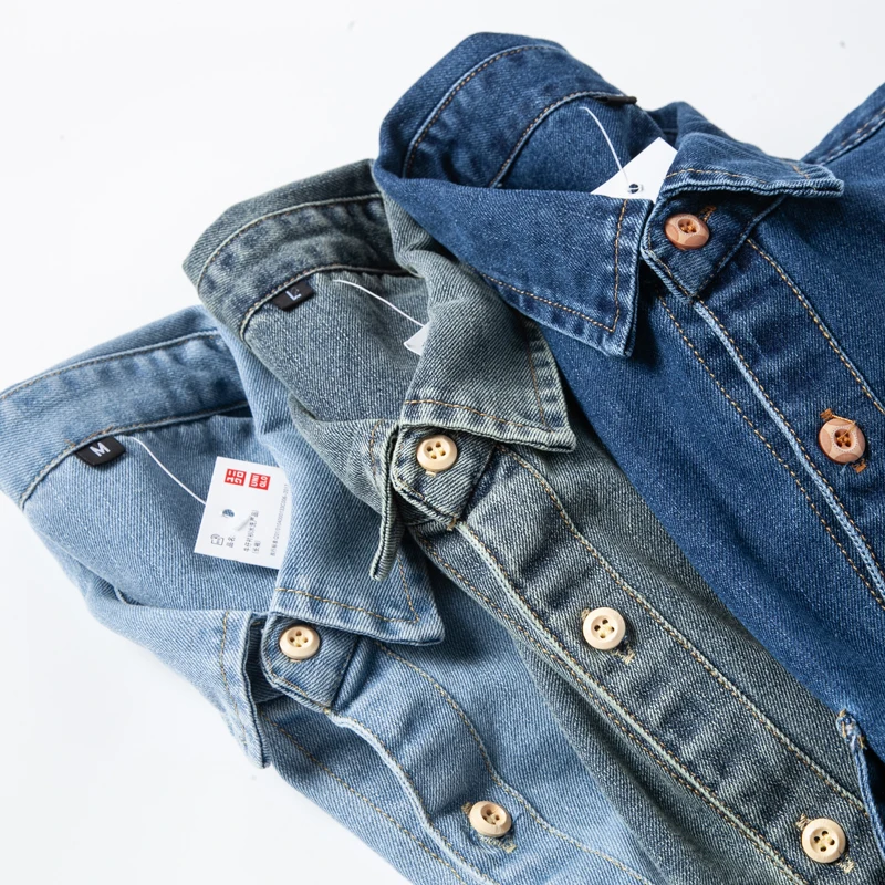 

Retro American Hong Kong Style Washed Denim Shirt Casual Loose Workwear Pocket Detail Cotton Long Sleeve Casual Shirt for Men