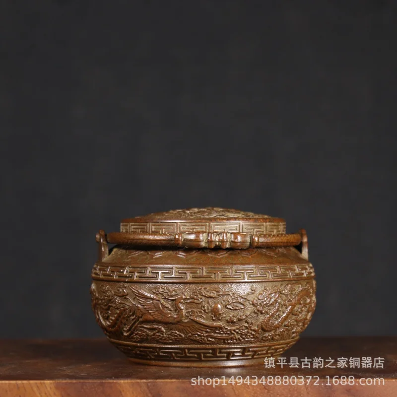 

Pure Copper Dragon and Phoenix Handheld Hand Stove Incense Aromatherapy Burner Ornament Office Living Room Decorati