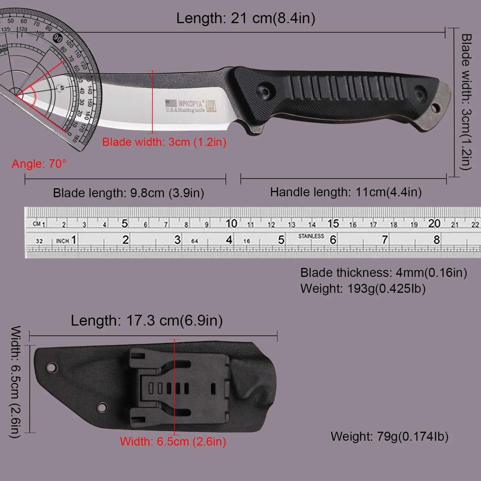 WPKOPYA USA 440c Outdoor Full Tang Hunting Straight Knife +K sheath, jungle rescue defense Knife, Camping survival EDC knife