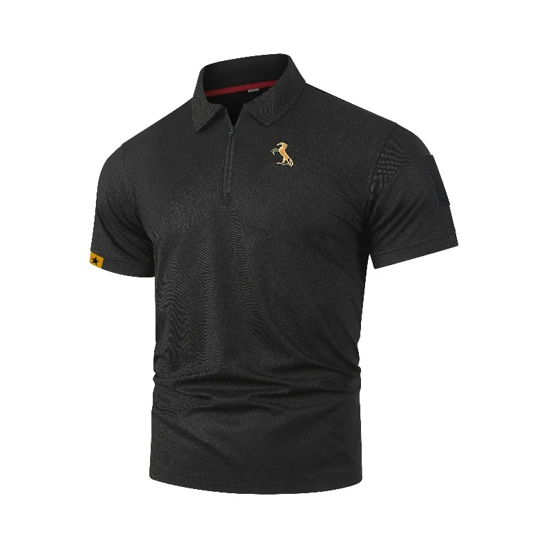 Men's Outdoor lapel Polo Shirt Quick Dry Moisture Wicking Horse Embroidery Arm Pocket Sports Outdoor Golf Daily Work Casual male