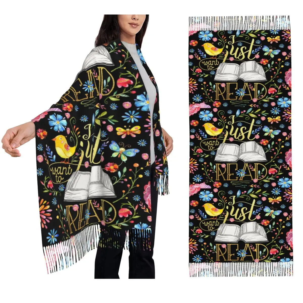 

Я просто хочу читать - черный шарф с цветочным принтом, шарфы с кисточками, женские мягкие теплые шали и накидки, длинная осенне-зимняя шаль