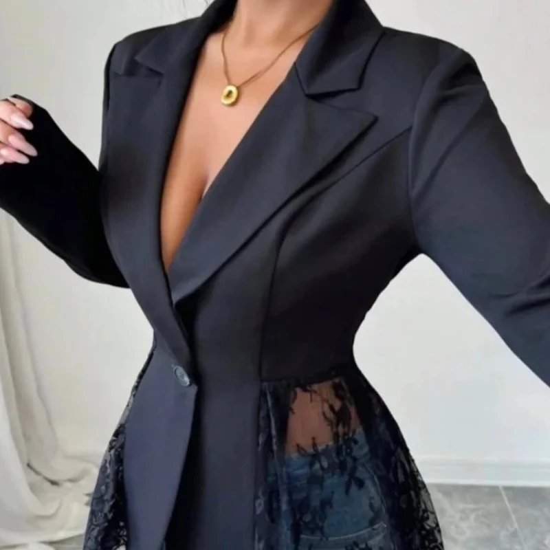 

Chic Lace Patchwork Suit Jacket Lady Elegant Lapel V-neck Single Button Waist Cinching Slim Jackets Women Commute Street Coat