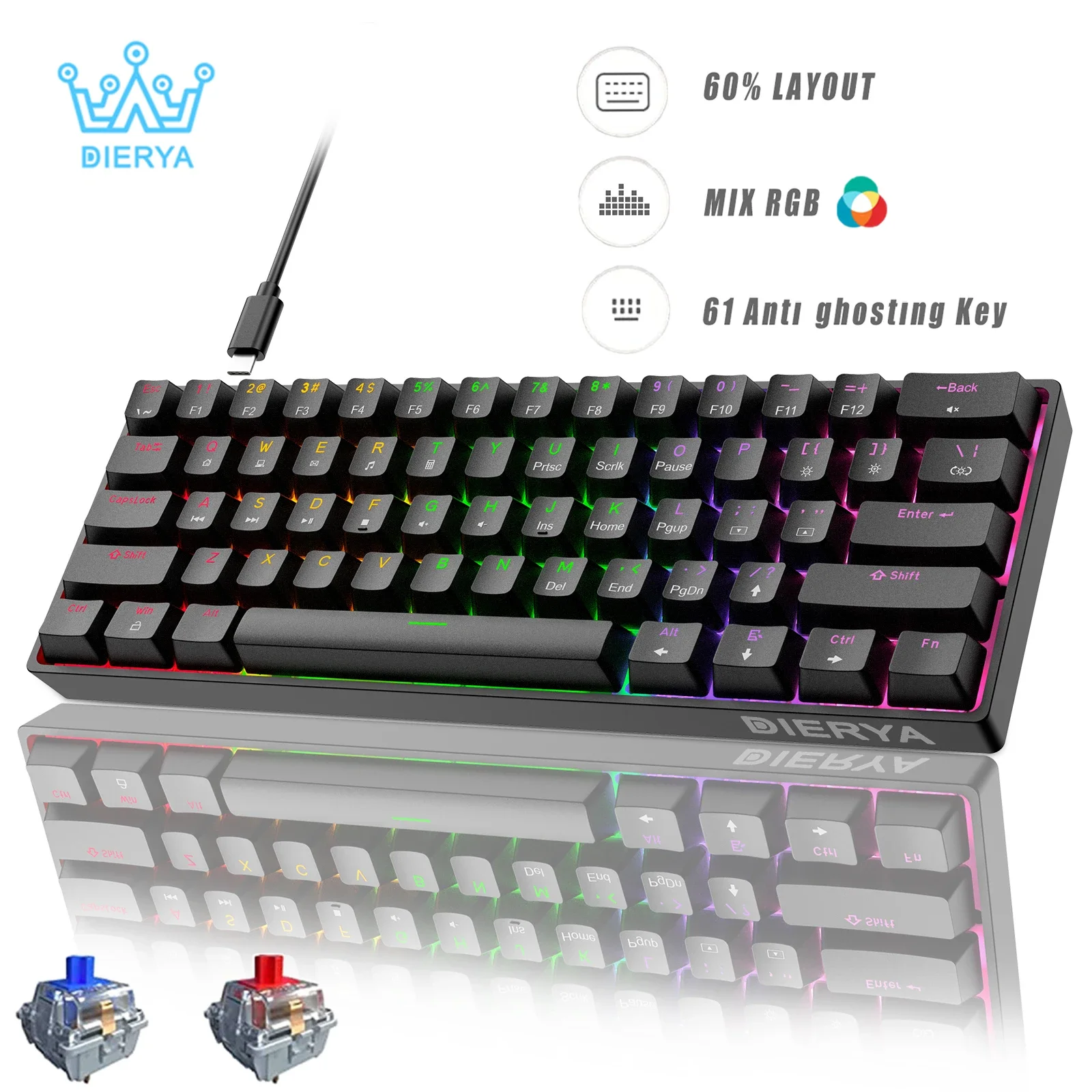 Dierya DK61SE 61 Keys Mechanical Keyboard 60% Mini RGB Backlit Hot-Swappable USB Wired Gaming Keyboard for PC Laptop detachable