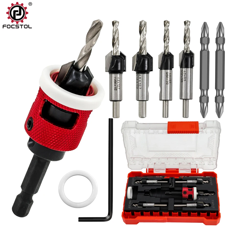 FOCSTOL 5pcs Set HSS+ Alloy Woodworking Countersink Limit Drill Quick Connect Shanks Natural Wood chipboard Plywood MDF Drill