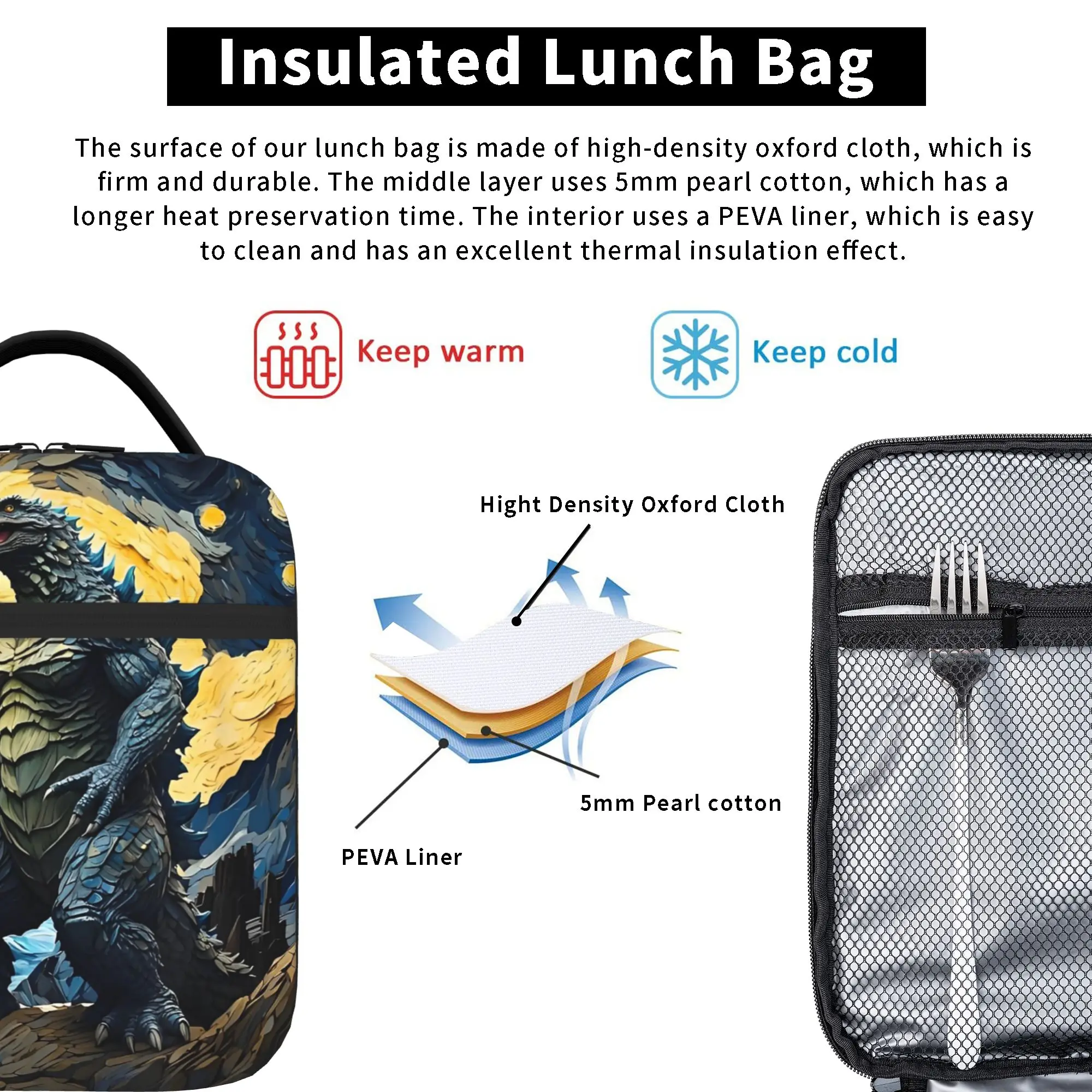 Kaiju Monster G-Godzillas Thermal Insulated Lunch Bag for School Anime Portable Food Container Bags Cooler Thermal Lunch Box view 4