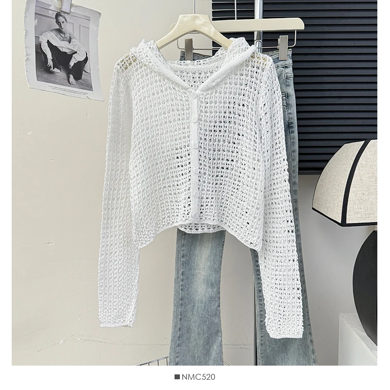 

Solid Hollow Out Knitted Cardigans Women Spring Summer Thin Perspective Hooded Sunscreen Coats Fashion Trend Female Tops