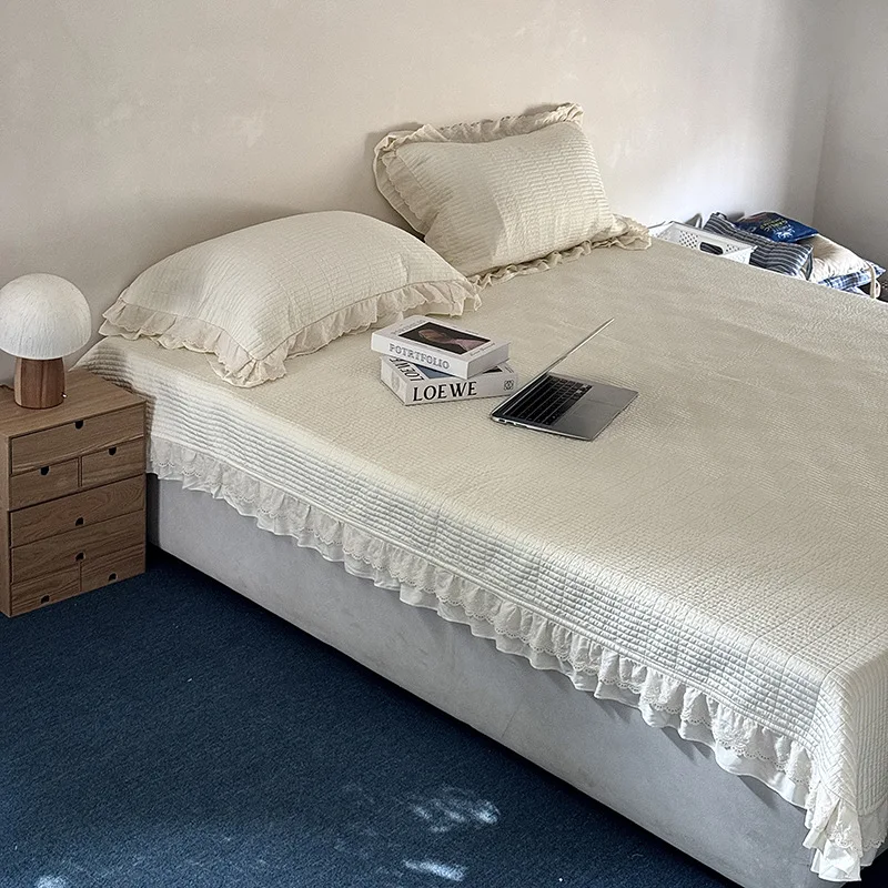 

French Lace Trim Modal Cooling Quilt Bedspread Set 3PCS - Solid Color Summer Lightweight Soft Silky Coverlet Thin Comforter