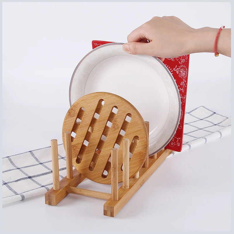 Kitchen Drainer Rack Dish Pot Lid Bamboo Rack Dishes Plate Drying Drainer Storage Shelf Pan Cover Stand Kitchen Organizer Holder