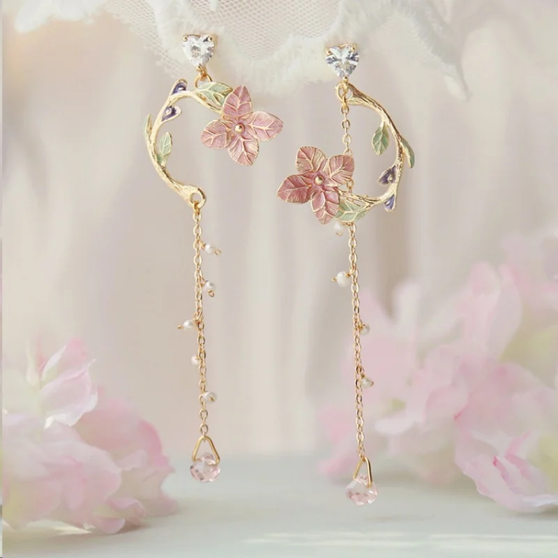 Delicate Asymmetric Flower Tassel Earrings for Women Sweet Cute Aniaml Cat Rose Drop Earring Girls Party Wedding Jewelry Gift