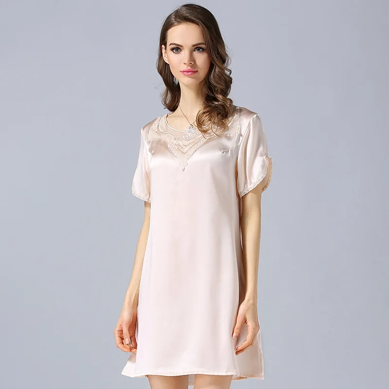 

Women's New Autumn Short Sleeve Nightdress Spring and Summer High Quality Real Silk Pajamas Homewear