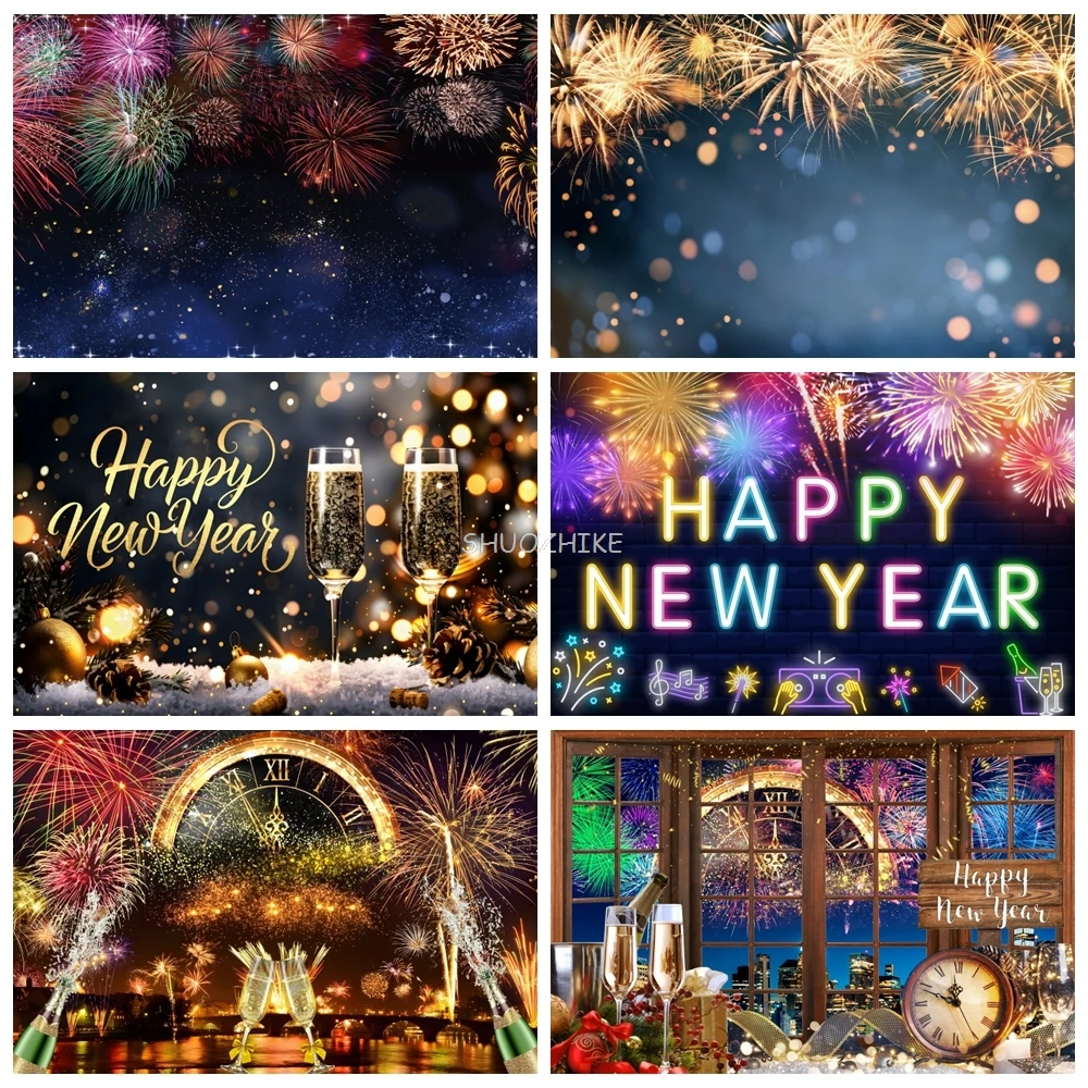 

Happy New Year Fireworks Photography Background Sparkling Champagne Zero Clock Party Backdrop Custom Poster Photo Studio