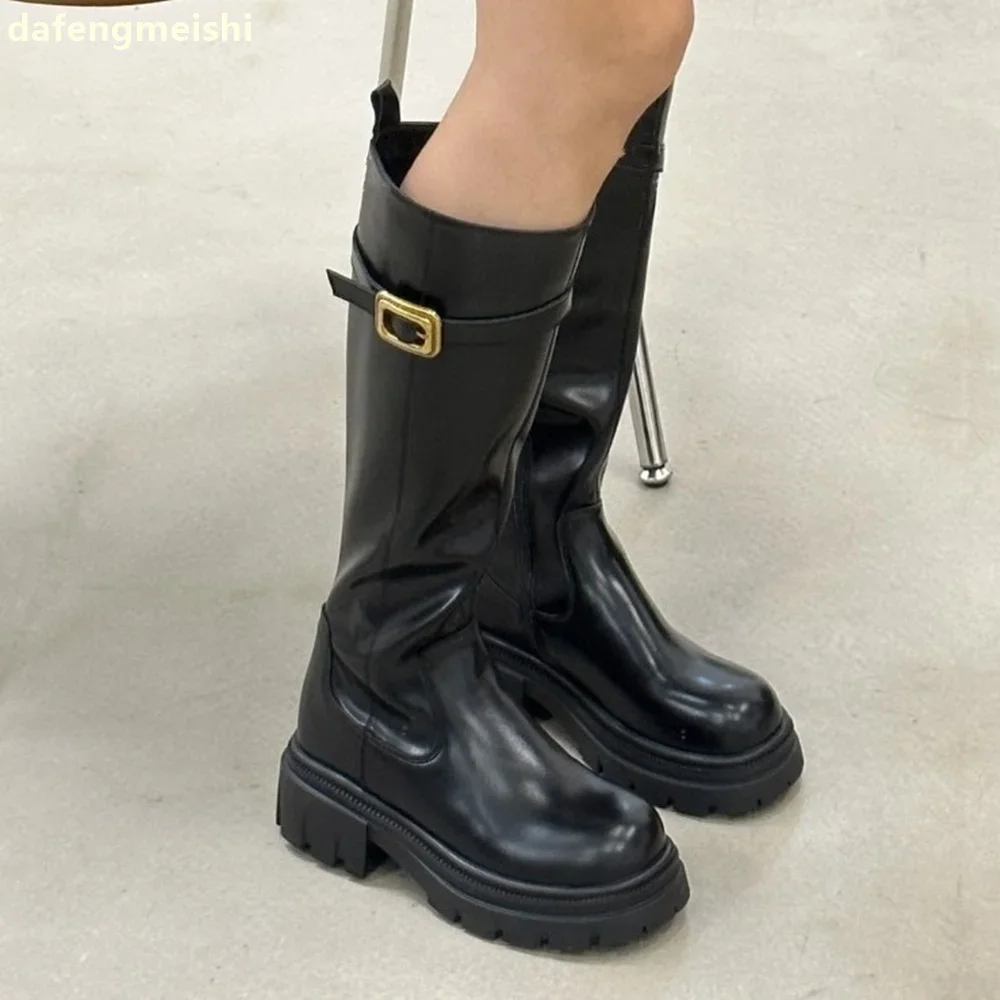 

Chunky Heel Thick Sole Knee-High Boots 2025 Winter Metal Buckle Round Toe Soft Leather Fashion Long Boots Women Motorcycle Boots