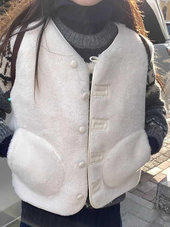 

Korean Sle Cute Lamb Fur Vest Women's Faionable round Ne Svel Jaet Autumn Winter Seasonal Clothing