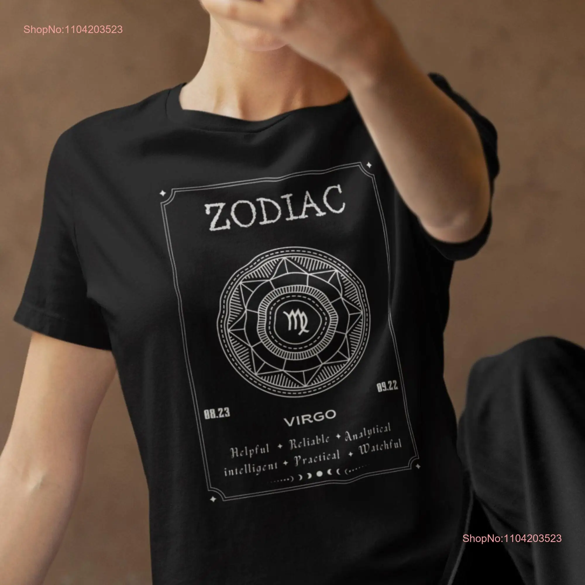 Virgo sign t shirt printed with astrological letter mystical design zodiac symbolism long or short sleeves