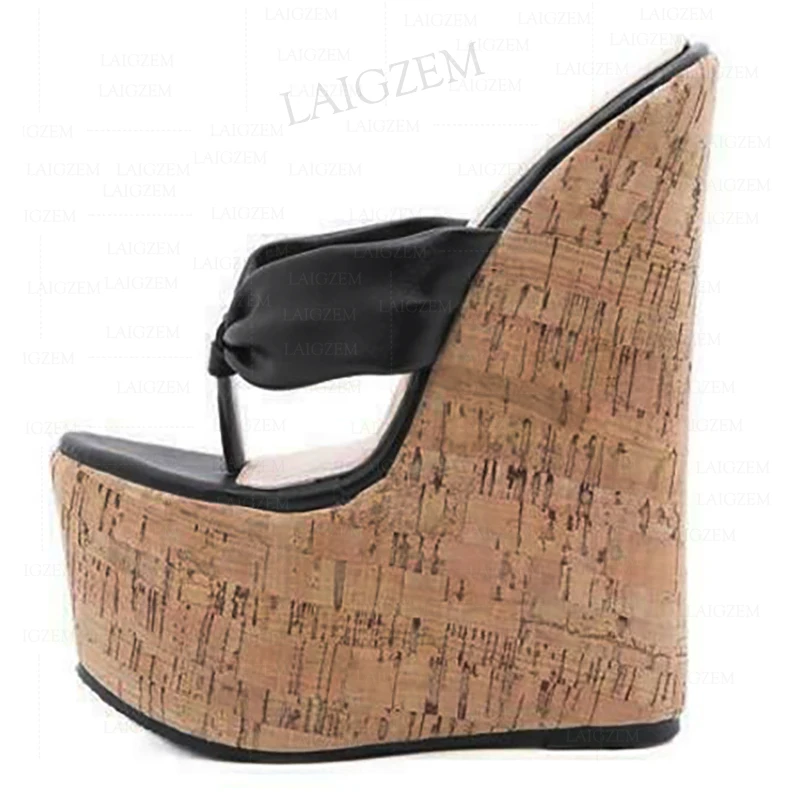 BERZIMER Women Sandals Platform Wedges 17CM High Heels Cork Print Pumps Height Increase Ladies Shoes Woman Plus Size 38 43 45 48